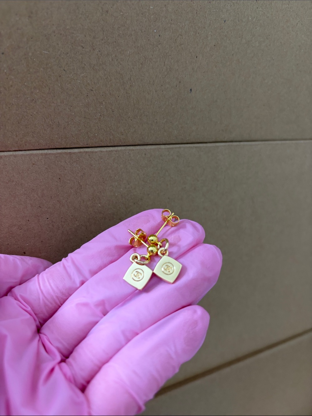 Gold Drop Cube Earrings - Pink Accent - Picture 4 of 4